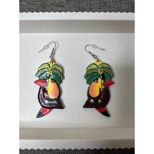 Colorful Handcrafted Wooden Toucan Tropical Earrings w/ Metal Hooks Lightweight